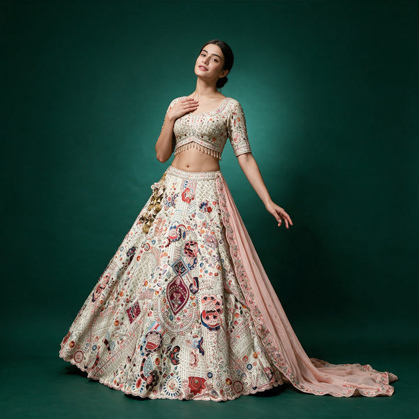 Damsel - Ivory Multicolour Raw Silk Moti & Resham Handwork Lehenga