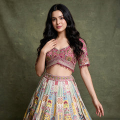 Multicolour Banarasi fusion lehenga set with embroidered cropped blouse and flared skirt