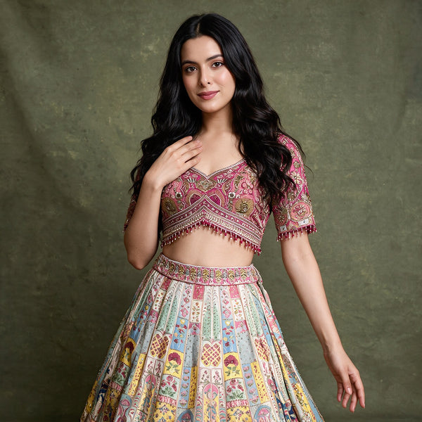 Multicolour Banarasi fusion lehenga set with embroidered cropped blouse and flared skirt