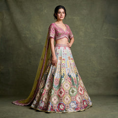 Multicolour Banarasi fusion lehenga with heavy net dupatta; flared skirt, cropped blouse