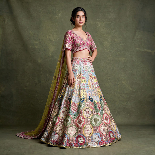 Multicolour Banarasi fusion lehenga with heavy net dupatta; flared skirt, cropped blouse