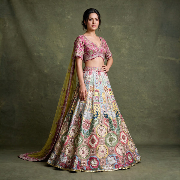 Varnali - Multicolour Banarasi Fusion Ready to Wear Lehenga with Heavy Net Dupatta