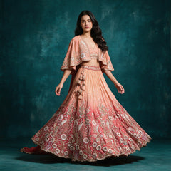 Model in a peach to coral ombre tissue silk lehenga with crane and floral embroidery at the hem, a poncho-style jacket with cape sleeves, a short blouse and a tasselled latkan against a teal backdrop
