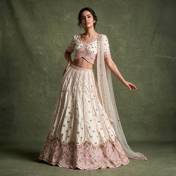 Ivory net lehenga with pink and gold border, paired with matching sheer dupatta