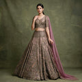 Model in a dusty rose net rajwadi lehenga with dense antique zari and stone work, V-neck blouse with beaded fringe and mauve net dupatta against a green backdrop