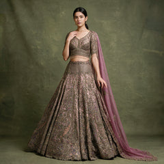 Model in a dusty rose net rajwadi lehenga with dense antique zari and stone work, V-neck blouse with beaded fringe and mauve net dupatta against a green backdrop