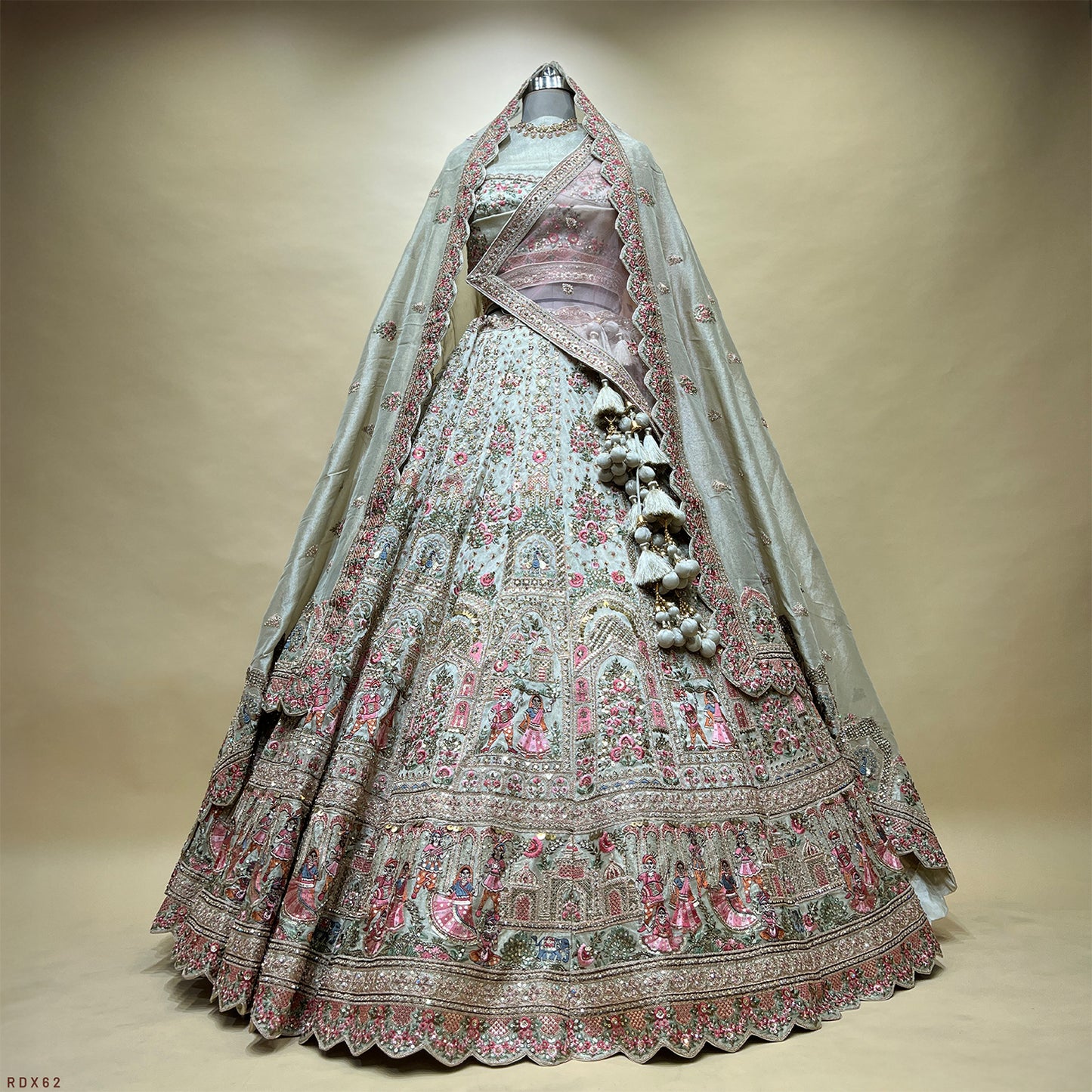 Rosé - Tissue Silk Double Dupatta Pastel Designer Bridal Lehenga