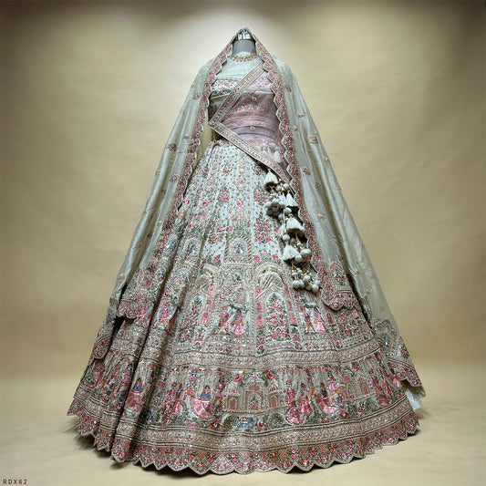 Rosé - Tissue Silk Double Dupatta Pastel Designer Bridal Lehenga