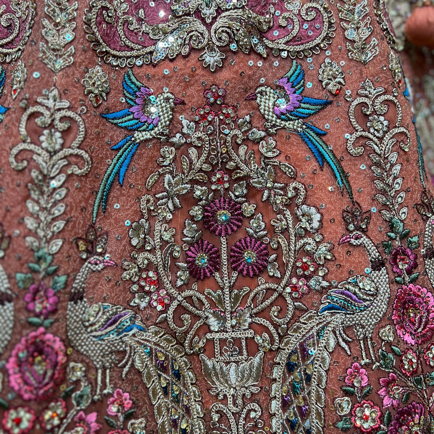 Jazzagals - Orange Designer Lehenga with Peacocks & Birds