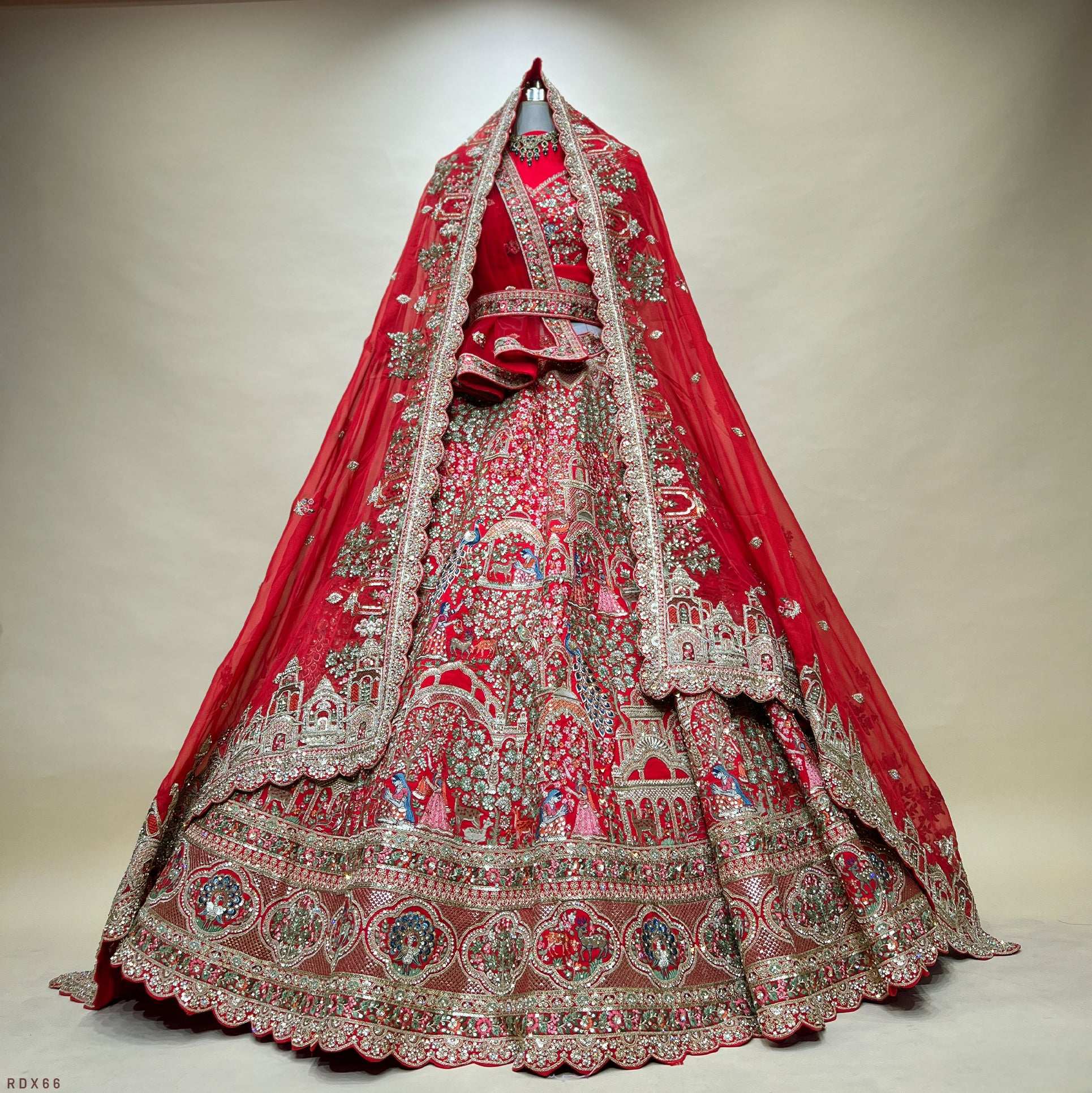Amrapali - Flowers & Peacock Multi Work Royal Red Bridal Lehenga