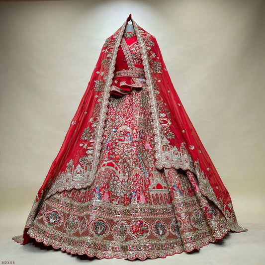Amrapali - Flowers & Peacock Multi Work Royal Red Bridal Lehenga