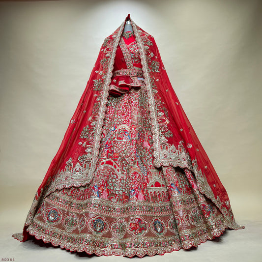 Amrapali - Flowers & Peacock Multi Work Royal Red Bridal Lehenga