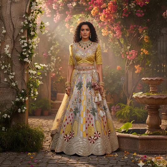 Damsel - Multicolor Raw Silk Haute Couture Lehenga