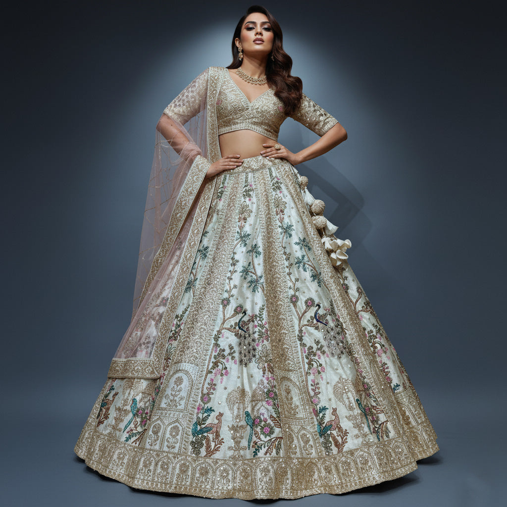 Damsel - Raw Silk Handwork Ivory Multicolor Festive Partywear Lehenga