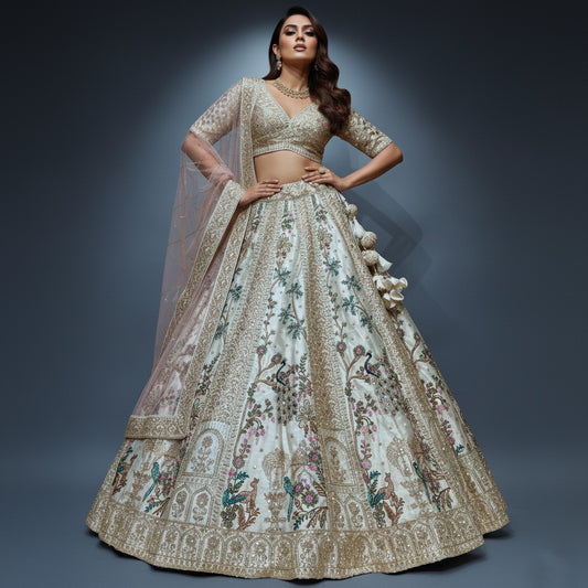 Damsel - Raw Silk Handwork Ivory Multicolor Festive Partywear Lehenga