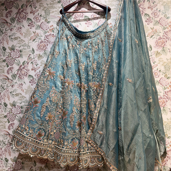 Powder Blue Tissue Silk Floral Beadwork Designer Lehenga – Sangeet, Engagement & Carnival