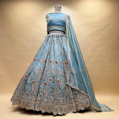 Powder Blue Tissue Silk Floral Beadwork Designer Lehenga – Sangeet, Engagement & Carnival