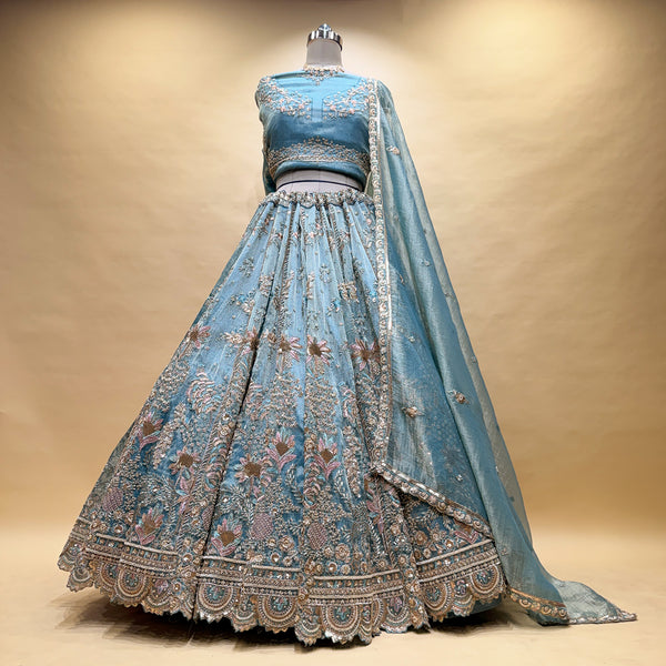 Powder Blue Tissue Silk Floral Beadwork Designer Lehenga – Sangeet, Engagement & Carnival