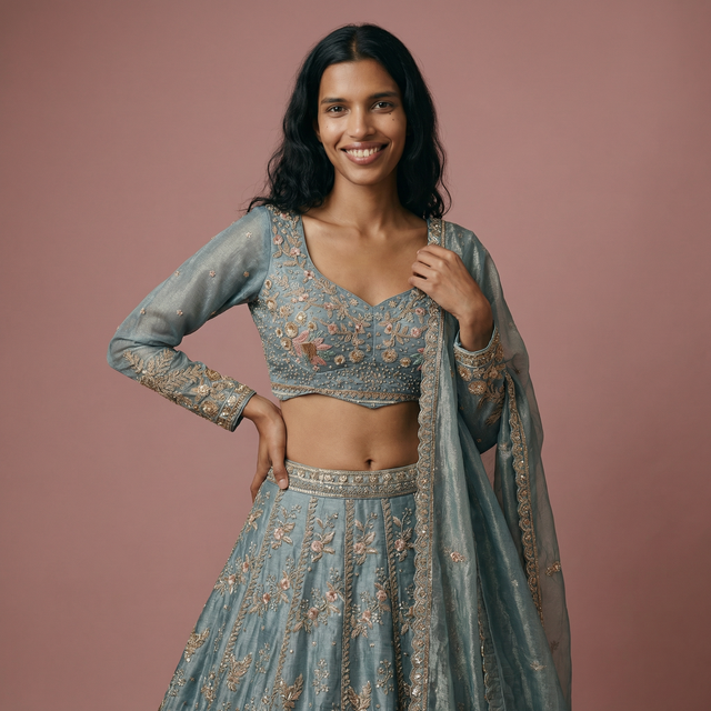 Powder blue cropped blouse and lehenga skirt with gold bead floral motifs