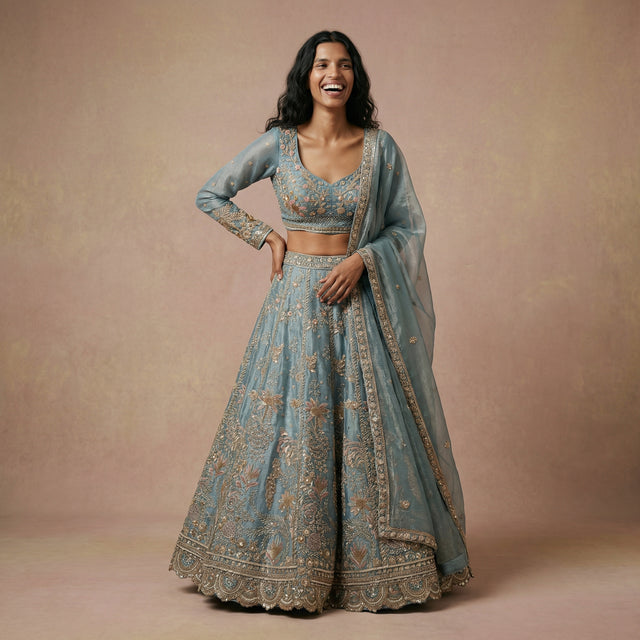 Powder-blue tissue silk lehenga with gold floral beadwork, matching sheer dupatta