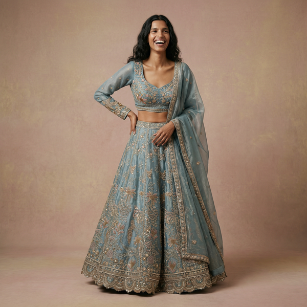 Powder Blue Tissue Silk Floral Beadwork Designer Lehenga – Sangeet, Engagement & Carnival
