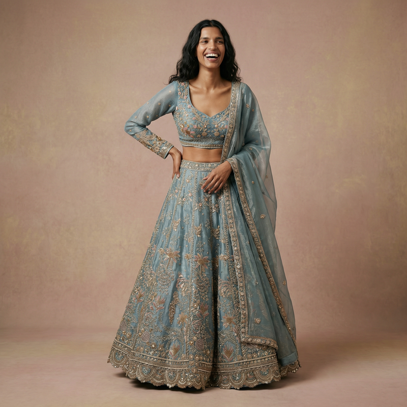 Powder-blue lehenga set with floral beadwork, V-neck blouse, and embroidered border skirt