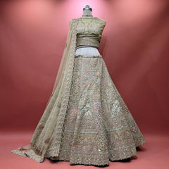 Sage green embroidered lehenga skirt with ornate border and full flare