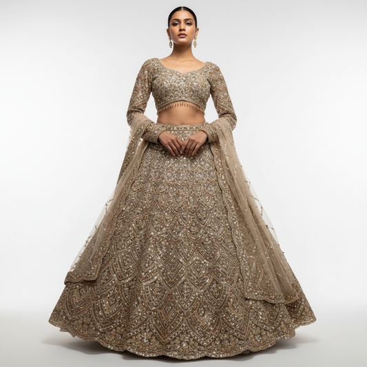 Celestial Collection: Ready-to-Wear Golden Reception and Sangeet Lehengas