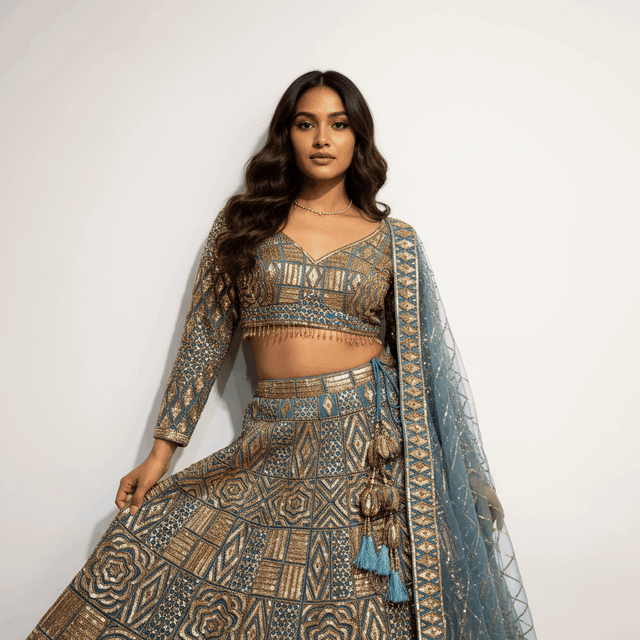 Teal and gold embroidered lehenga with long-sleeve blouse and matching dupatta