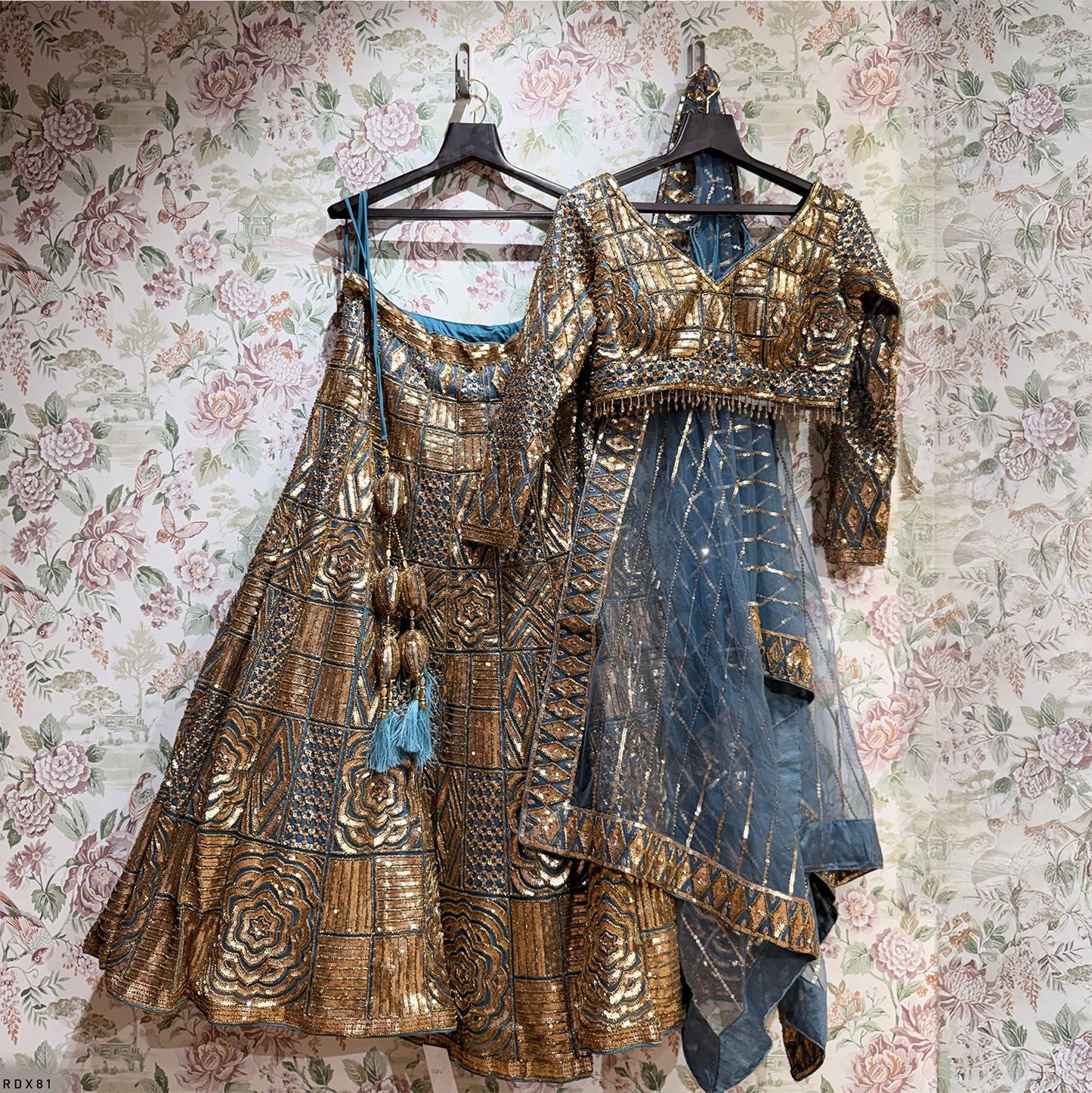 Celestial Collection: Teal Blue Designer Lehenga with Golden Handwork