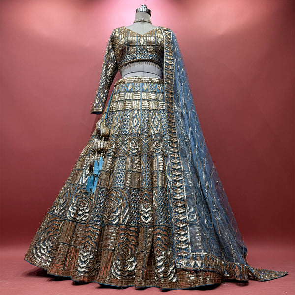 Celestial Collection: Teal Blue Designer Lehenga with Golden Handwork