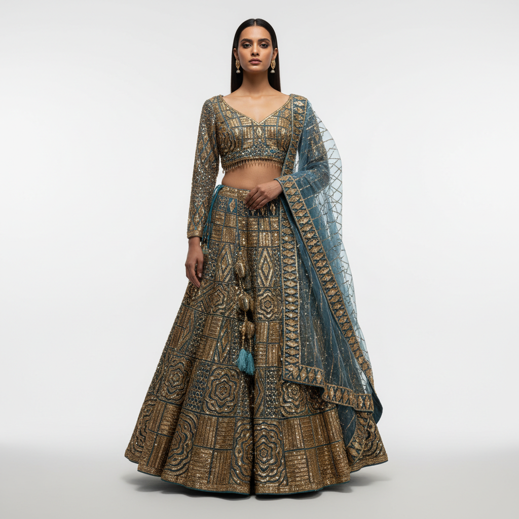 Celestial Collection: Teal Blue Designer Lehenga with Golden Handwork