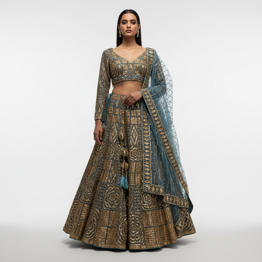 Celestial Collection: Teal Blue Designer Lehenga with Golden Handwork