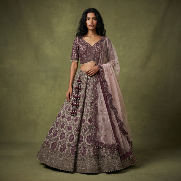 Maroon and gold embroidered designer lehenga with matching blouse and sheer dupatta