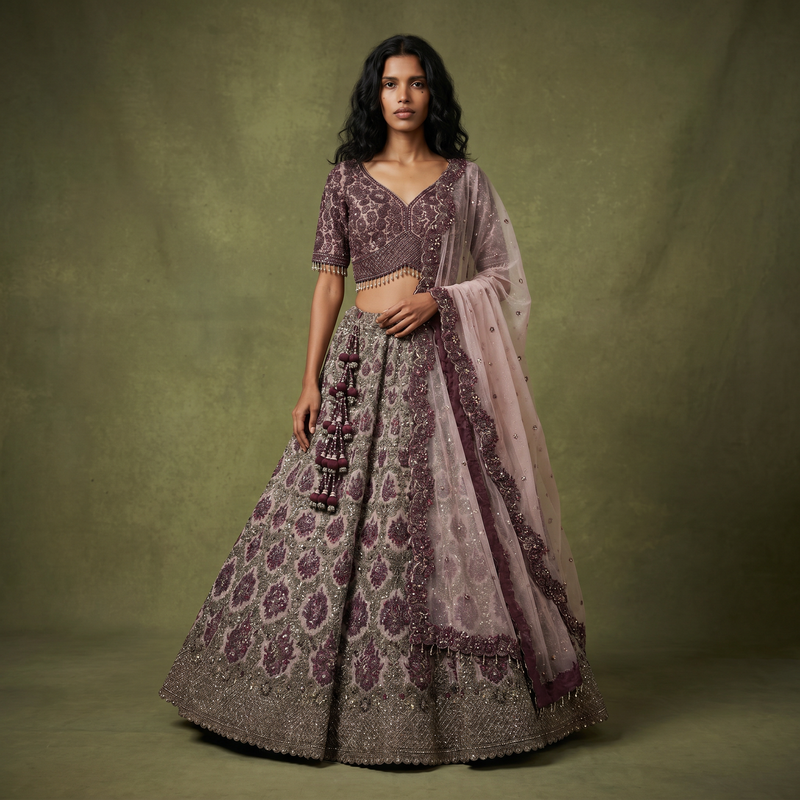 Maroon and gold embroidered designer lehenga with matching blouse and sheer dupatta