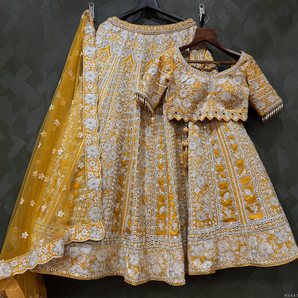 Damsel: Butter Yellow Raw Silk Mirror Handwork Lehenga