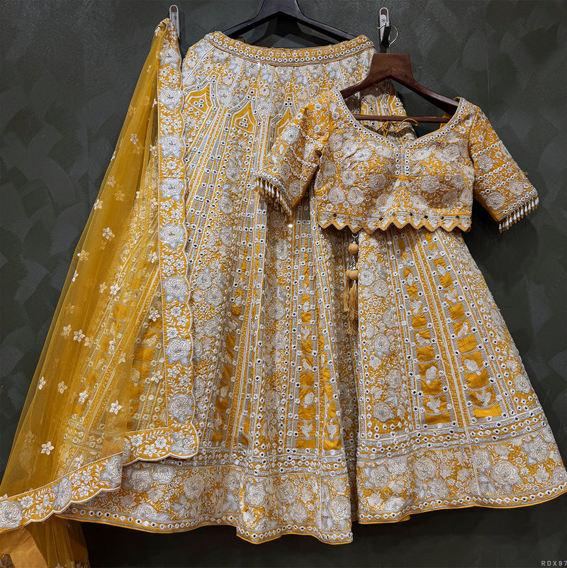 Damsel: Butter Yellow Raw Silk Mirror Handwork Lehenga