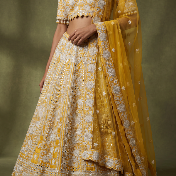 Damsel: Butter Yellow Raw Silk Mirror Handwork Lehenga
