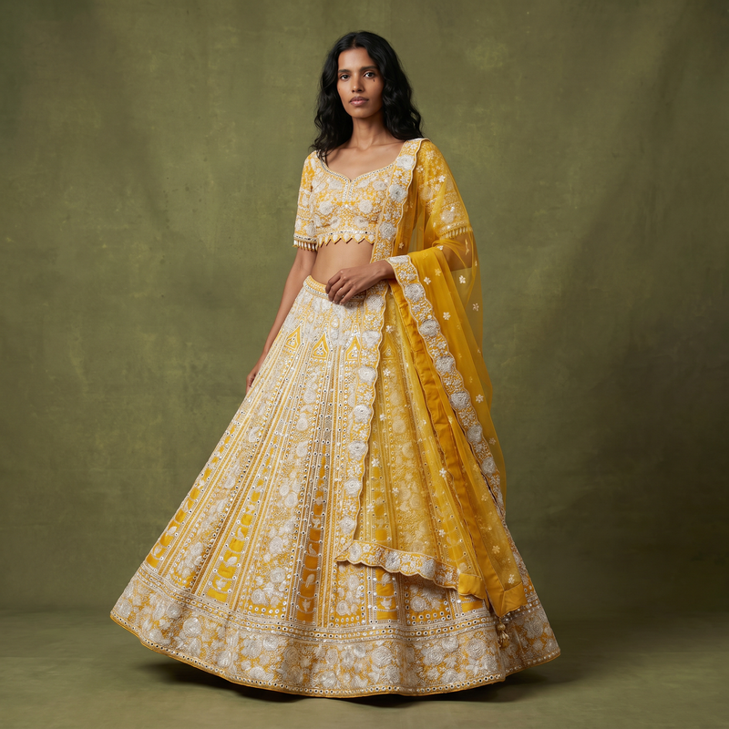 Damsel: Butter Yellow Raw Silk Mirror Handwork Lehenga