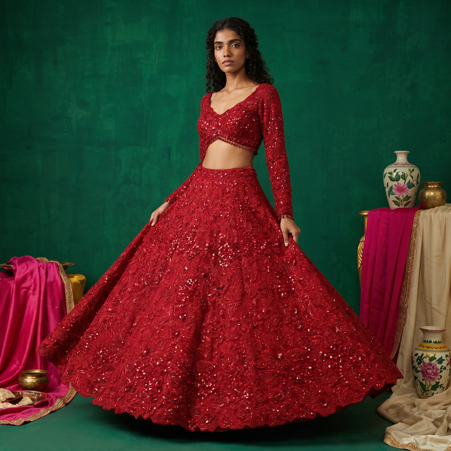 Red sequin bridal lehenga with 3D floral embroidery and long-sleeve cropped blouse