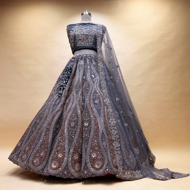 Steel blue embellished lehenga skirt with draped sheer net dupatta