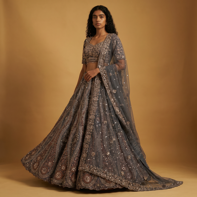 Steel blue sequin and stone work lehenga with short-sleeve blouse and sheer net dupatta