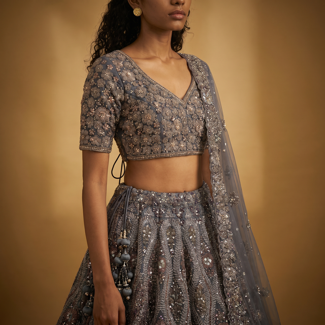 Steel blue sequin stone work cropped blouse, flared lehenga, and sheer net dupatta