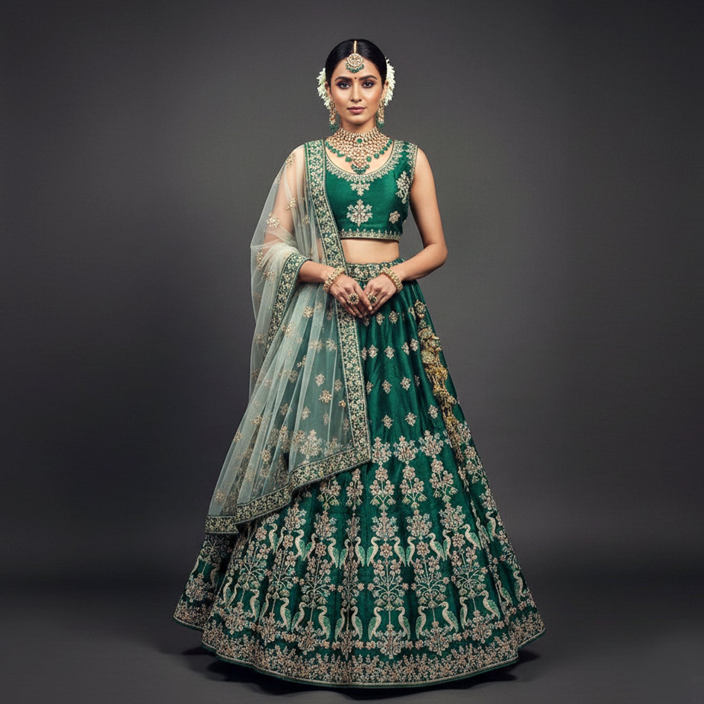 Damsel - Threadwork Deep Green Raw Silk Lehenga