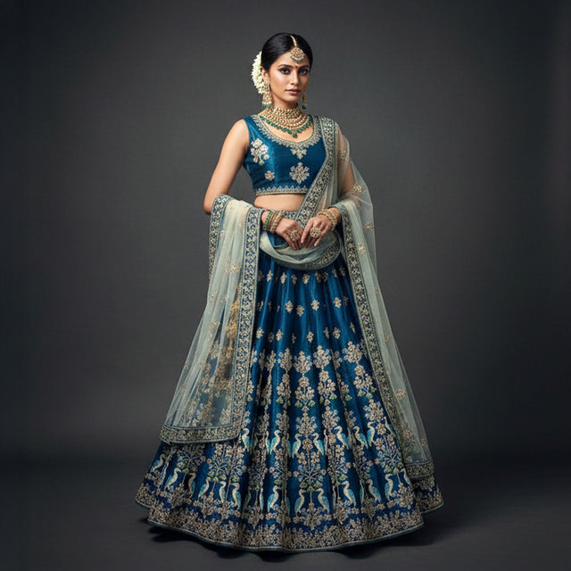 Blue raw silk lehenga with gold threadwork, floral crop blouse and sheer dupatta