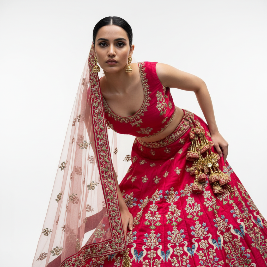 Damsel - Threadwork Pink Raw Silk Lehenga