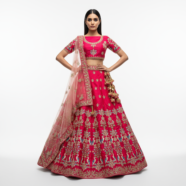 Pink raw silk lehenga with gold floral and peacock embroidery, paired with matching dupatta