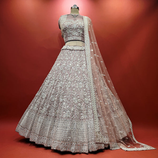 Lavender sequined lehenga skirt with beaded floral motifs and sheer dupatta