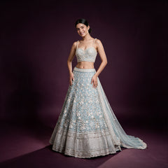 Sky blue embellished lehenga with sequin choli and floral patterned skirt