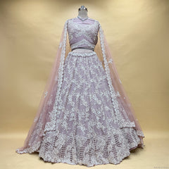 Lavender embroidered lehenga skirt with sheer drape and lace border, on mannequin